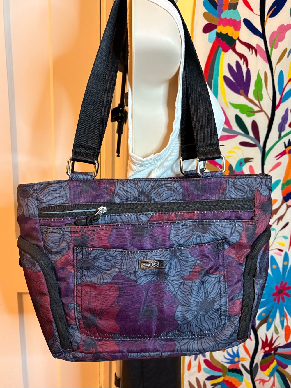 Floral Pattern Purple Tote Bag with Black Straps